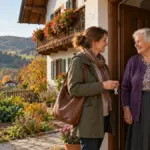 Ältere Frau an der Haustür eines Hauses in Österreich, ihre Tochter hält den Hausschlüssel